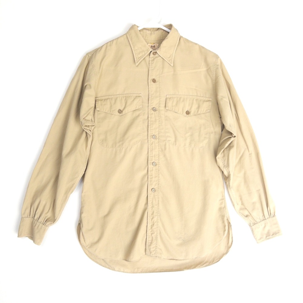 1950s Elbeco Sanforized Shirt Men L Military Issue Stamped Khaki Tan Button Up